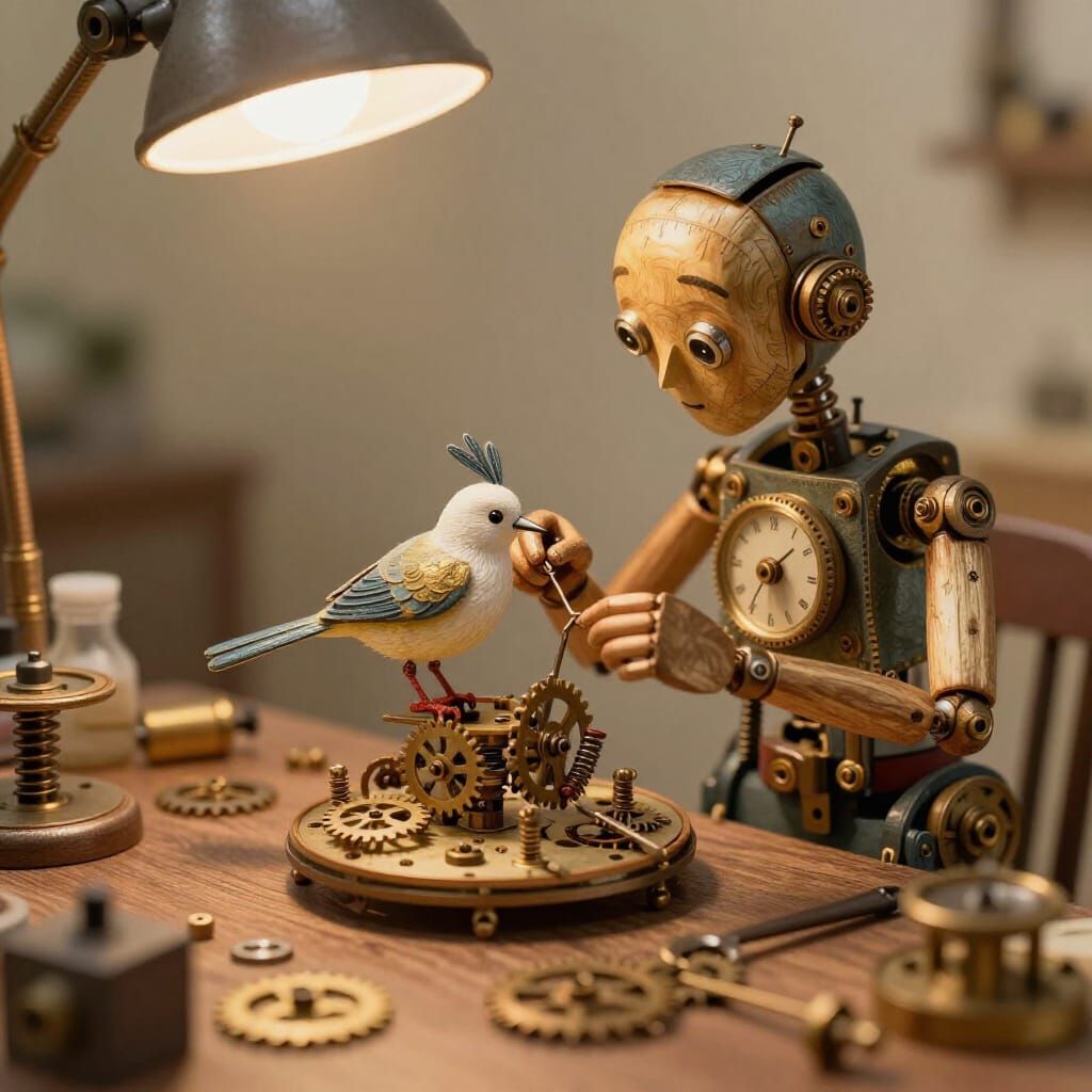 Automaton Crafts Clockwork Bird in Miniature World