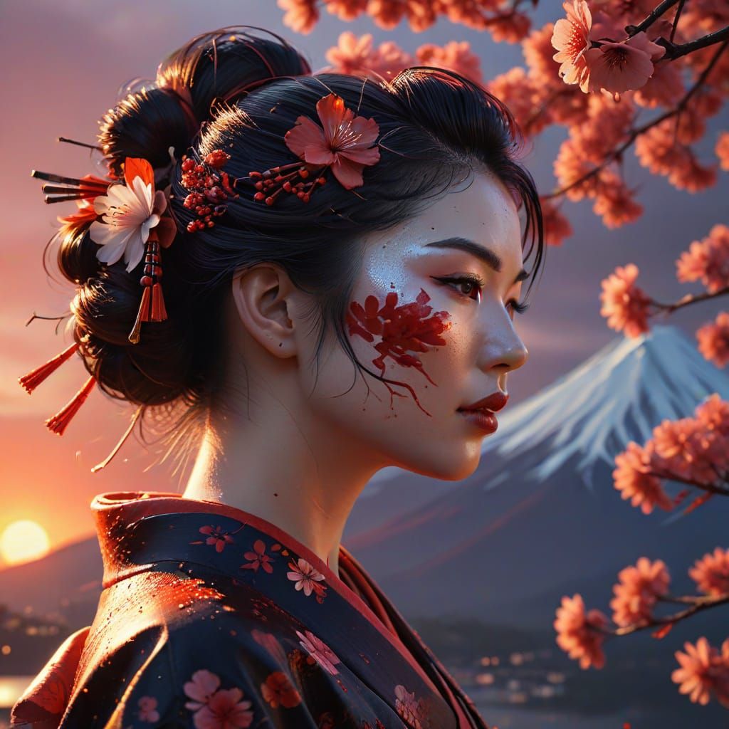 Geisha's Twilight Profile with Fiery Sunset and Mount Fuji