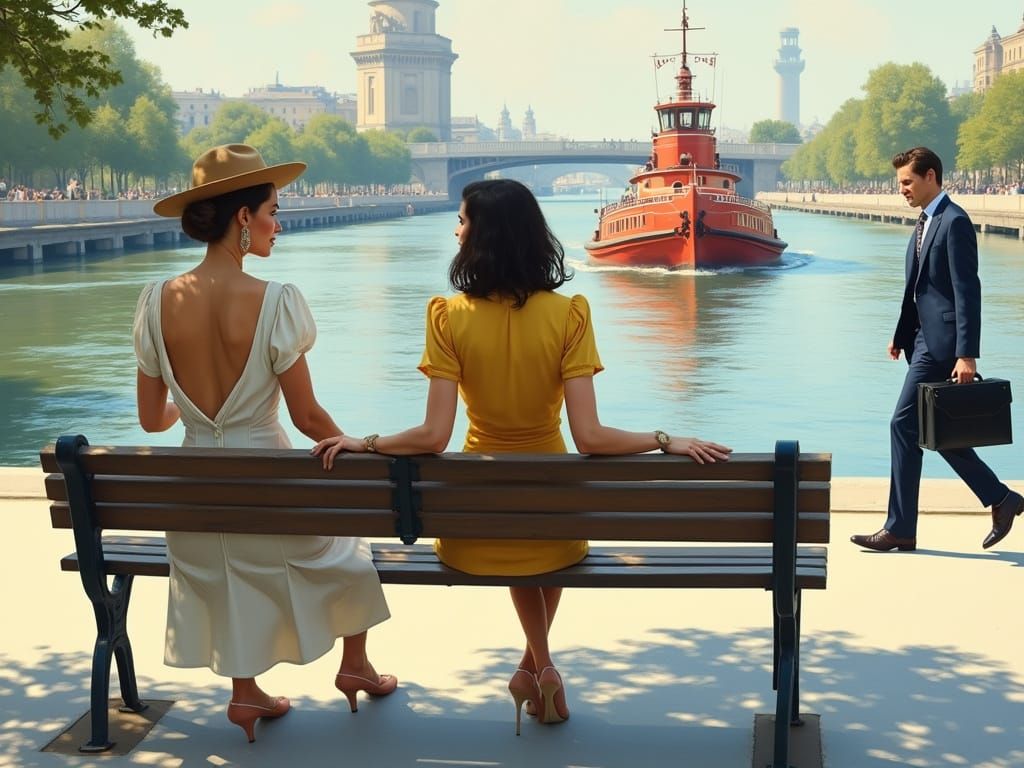 Elegantly Dressed Women Enjoy Summer Afternoon on Riverfront