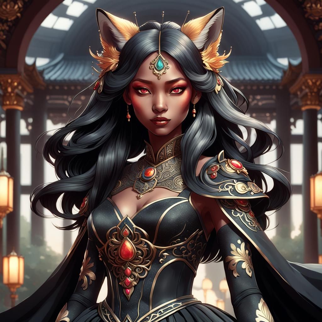 Elegant Black Kitsune in Wedding Dress