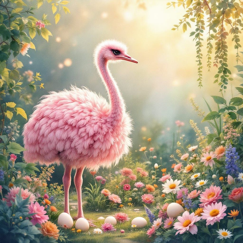 Pink Ostrich Double Exposed in Watercolor Garden