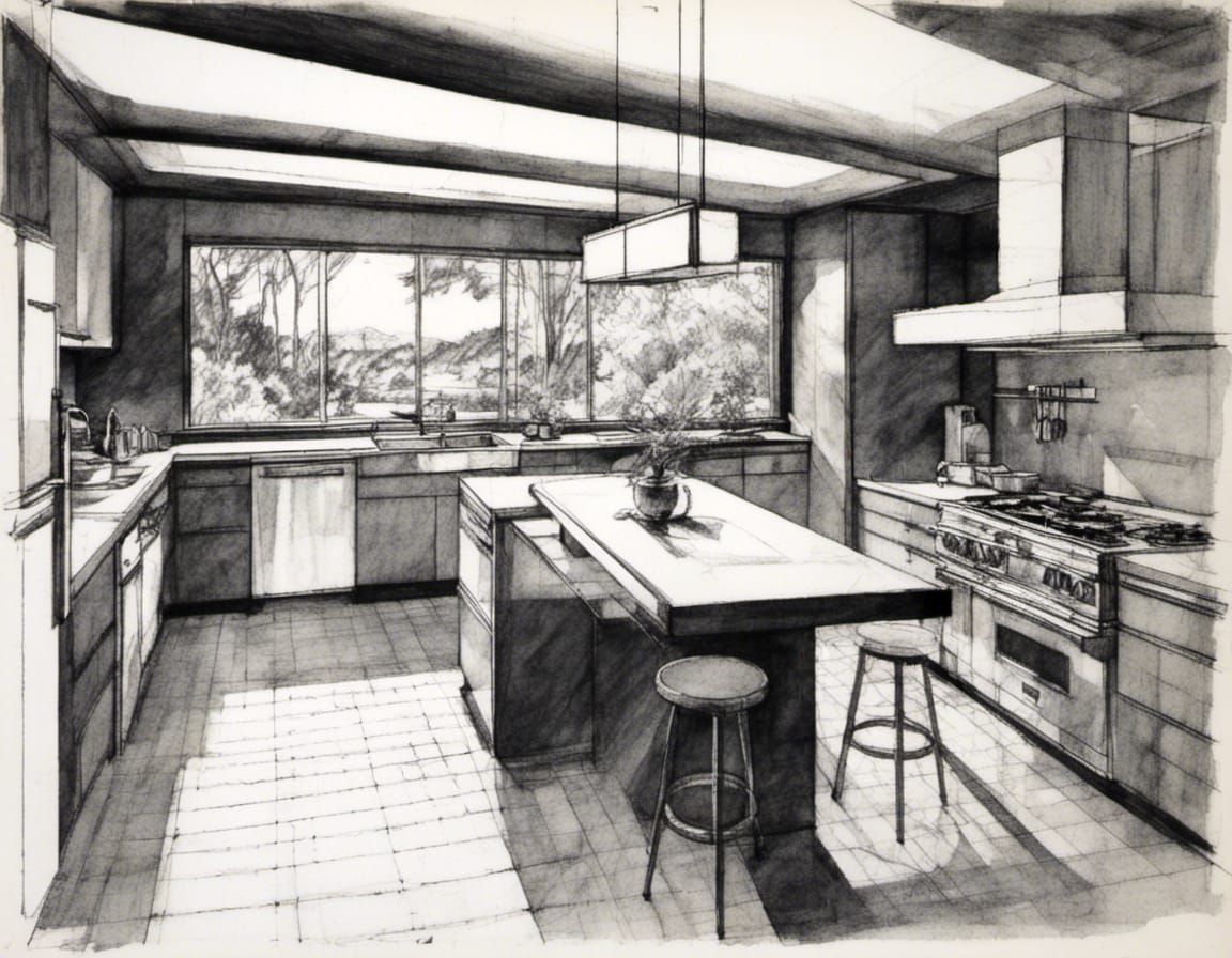 <lora:Antique Maps:1.0>kitchen interior of a midcentury-mode...