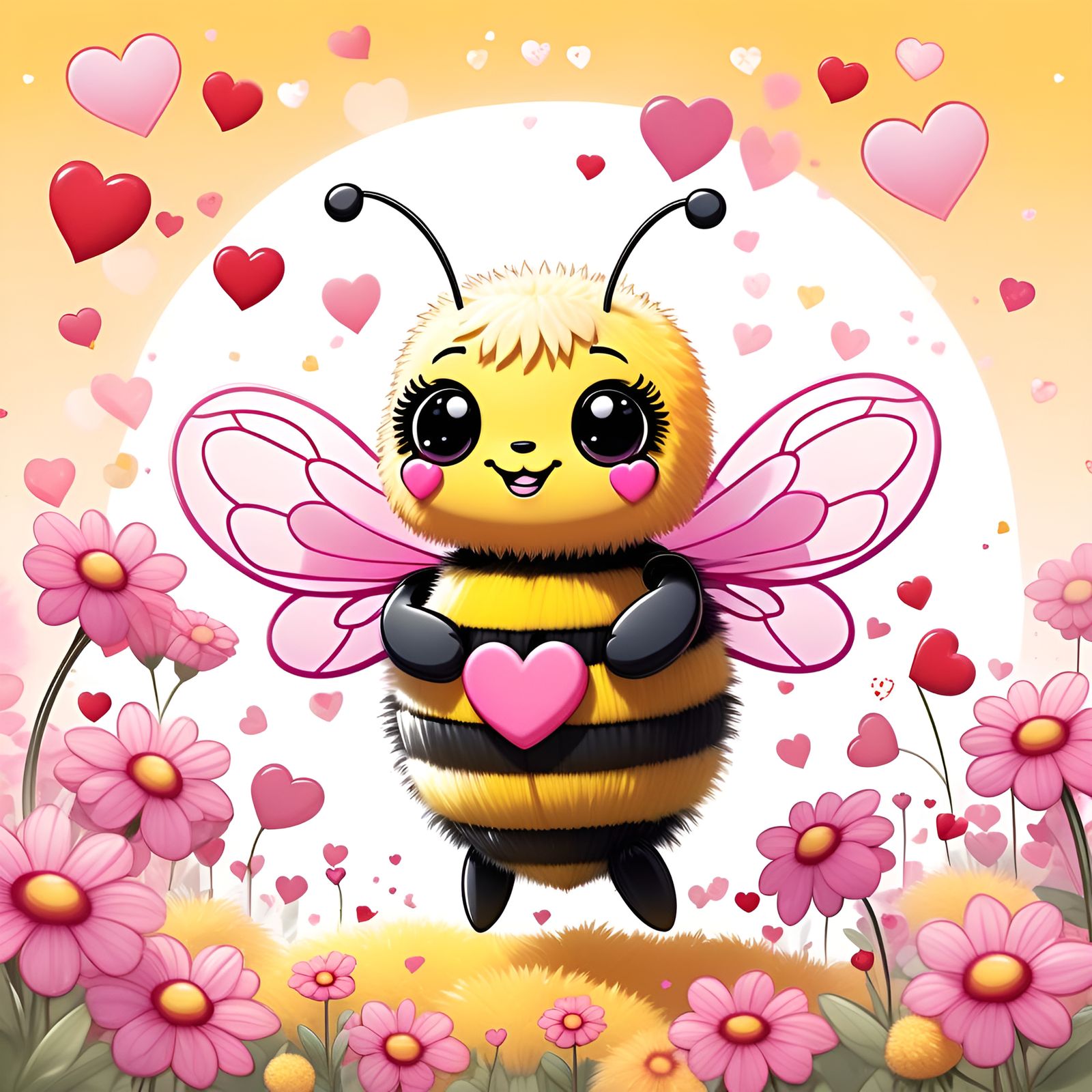 Chibi Bumblebee Surrounded by Hearts and Flowers