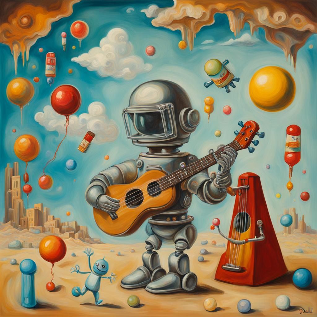 Surreal Robots Lunching with Kids in Dali Style