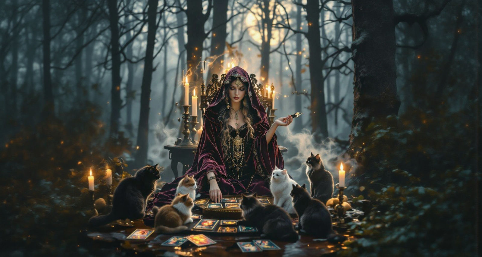 Magical Tarot Card Scene with Cats
