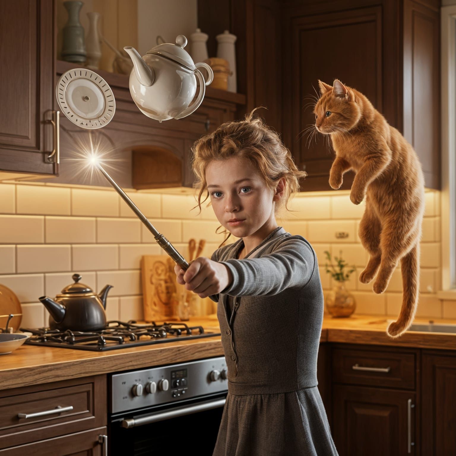 Magical Child Levitates Teapot in Cozy Kitchen