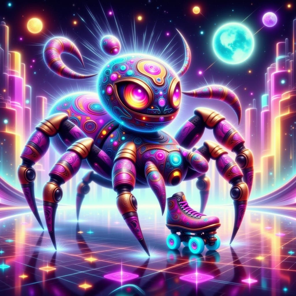 Whimsical Zodiac Spider Roller Skates Through Cosmic Citysca...