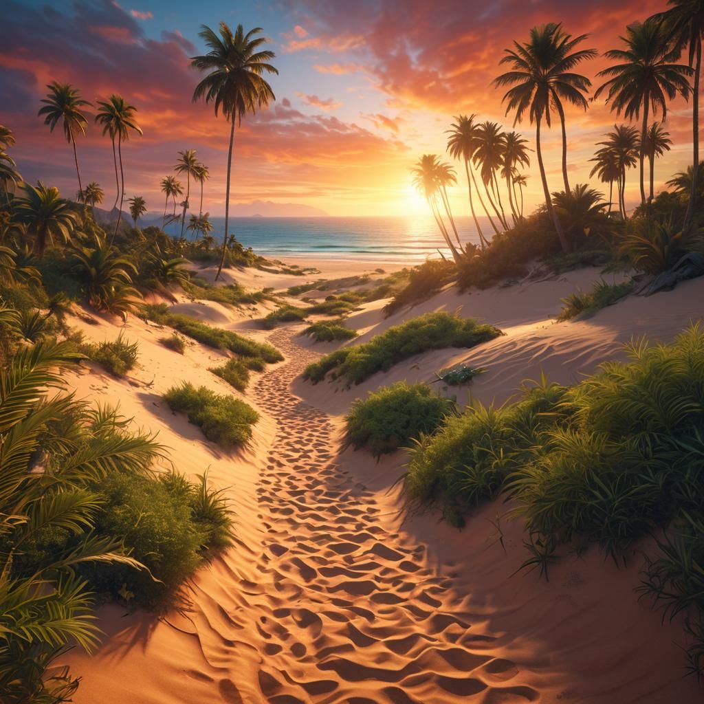 Serene Beach Path at Sunset: Digital Matte Painting