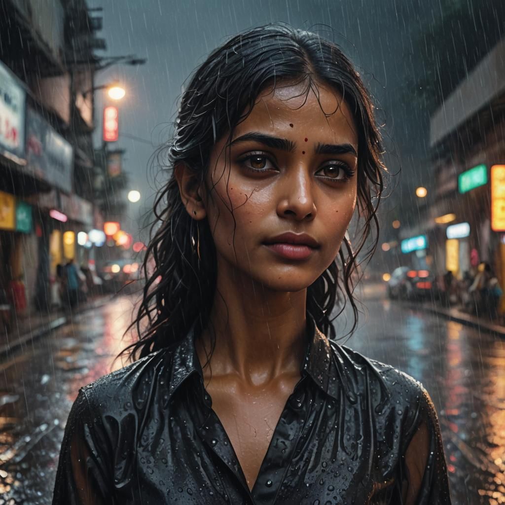 Rain-Soaked Woman in Black Dress: Hyperrealistic Digital Art