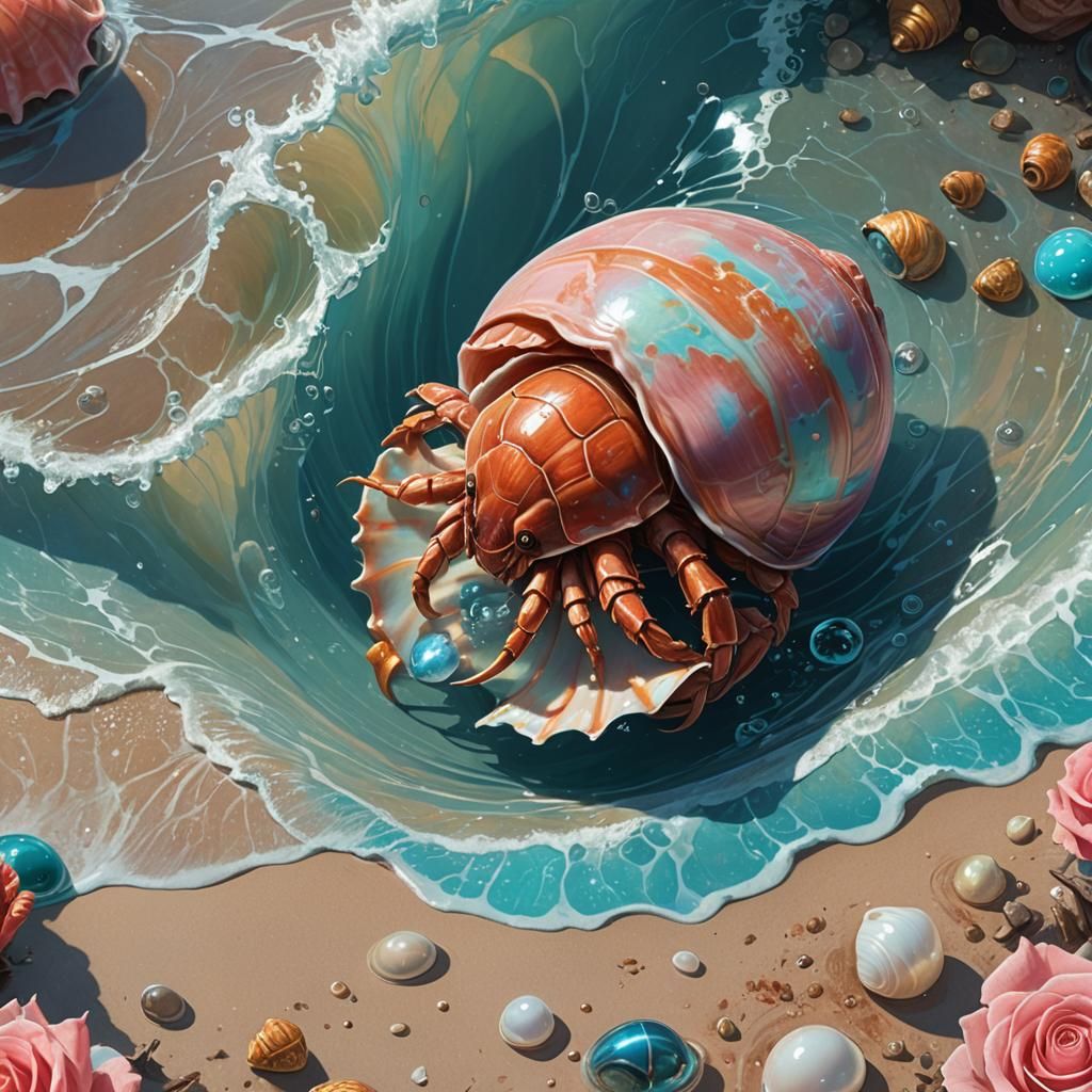 Hermit Crab and Conch Shell in Art Nouveau Style