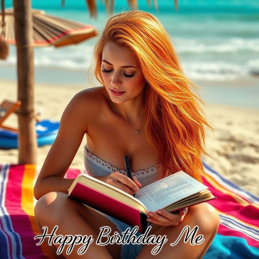 Woman Writing at Beach with Birthday Message