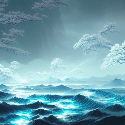 River with Drifting Kanji in Hyperdetailed Splash Art Style