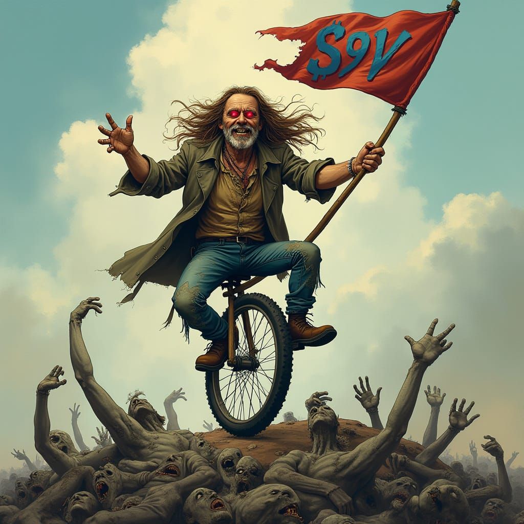 Unicycling Man Over Zombie Horde, Digital Art