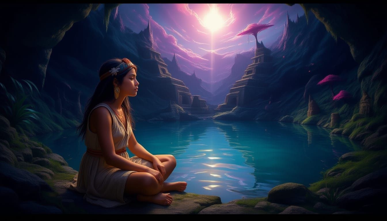 Aztec Child by Cenote at Twilight