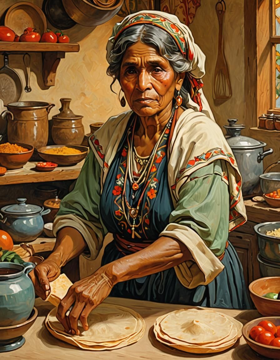 Tachisme Oil Painting: Elderly Woman Rolling Tortillas