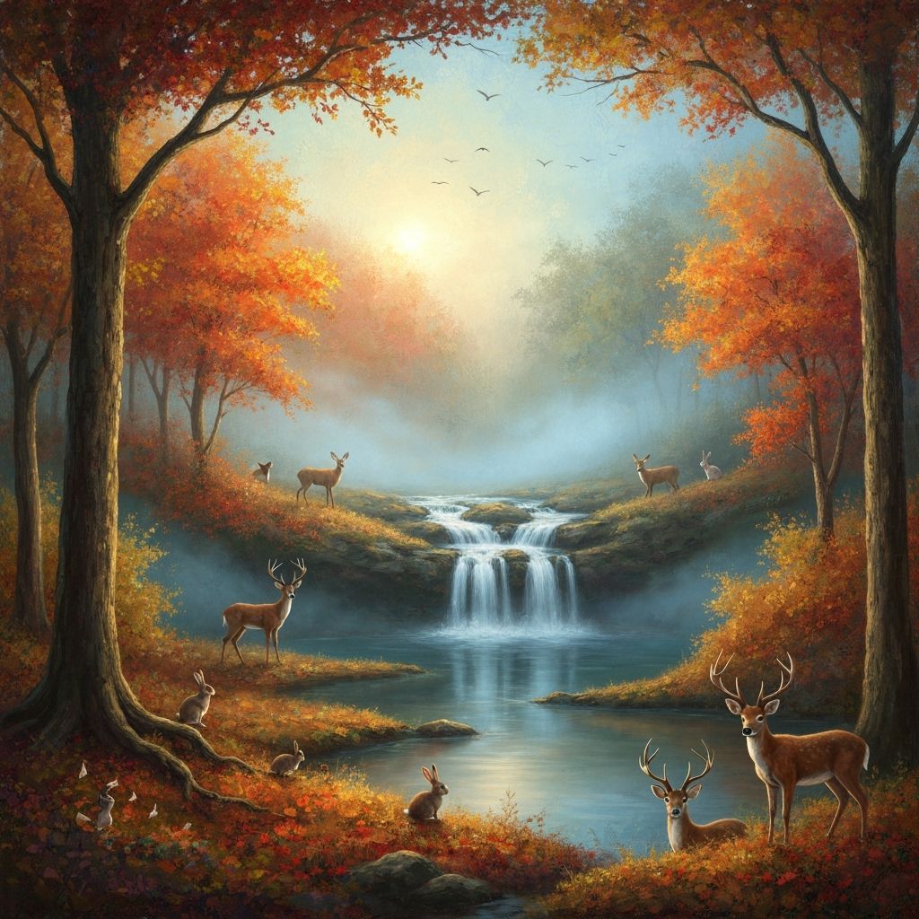 Autumn Forest Animals by Waterfall at Foggy Sunrise Oil Pain...