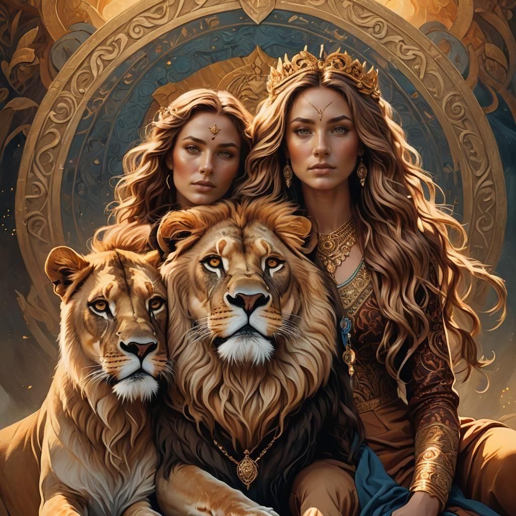 Leo Zodiac Goddess with Lion, Fantasy Art