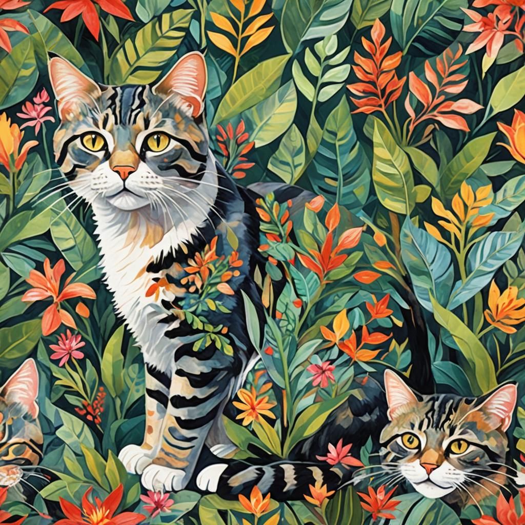 Botanical Cat Abstract Painting in Gouache Style
