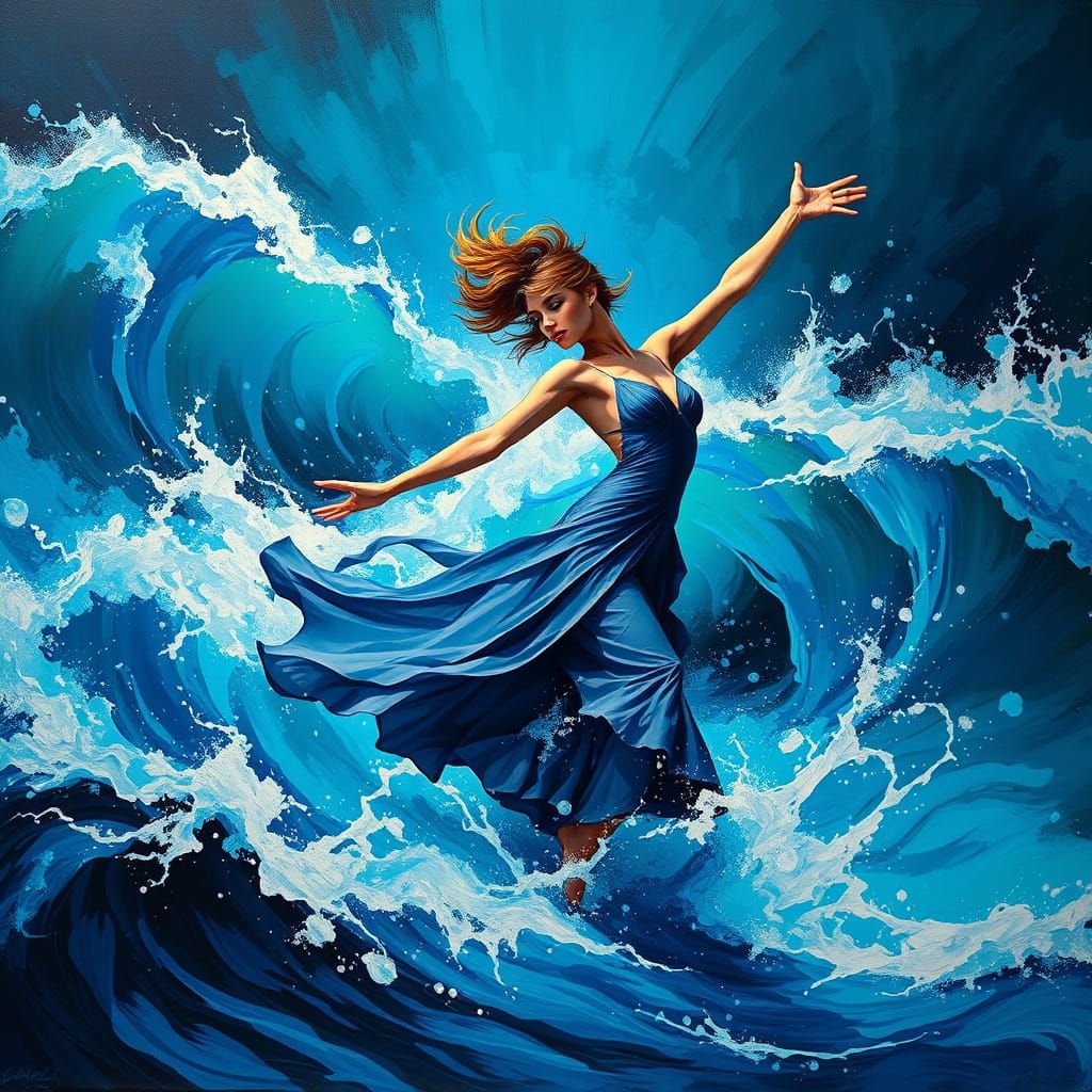Elegant Dancer Merges with Ocean Waves in Vibrant, Impressio...