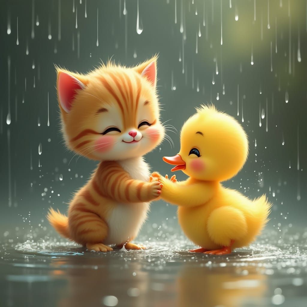 Cute Cat and Duckling Play in Rainy Water