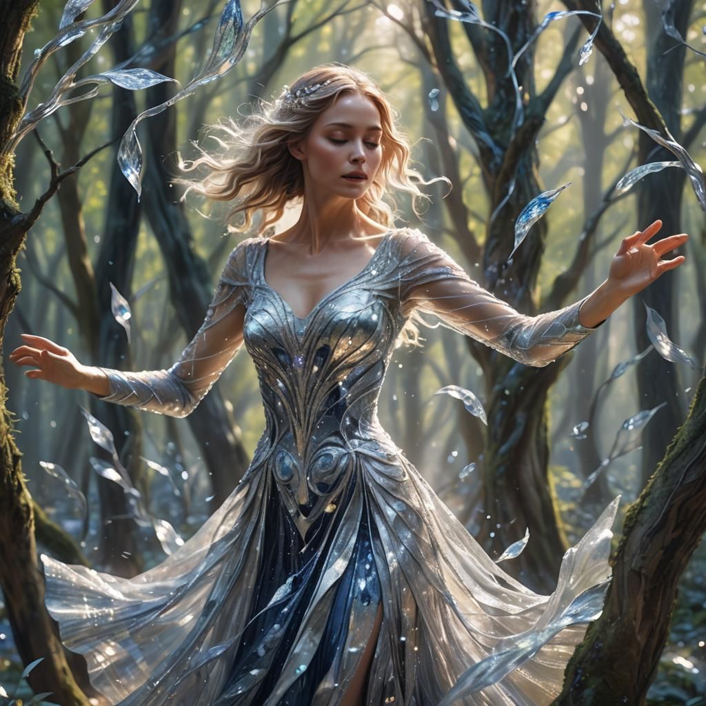 Woman Dancing in Mystical Forest, Impressionist Art