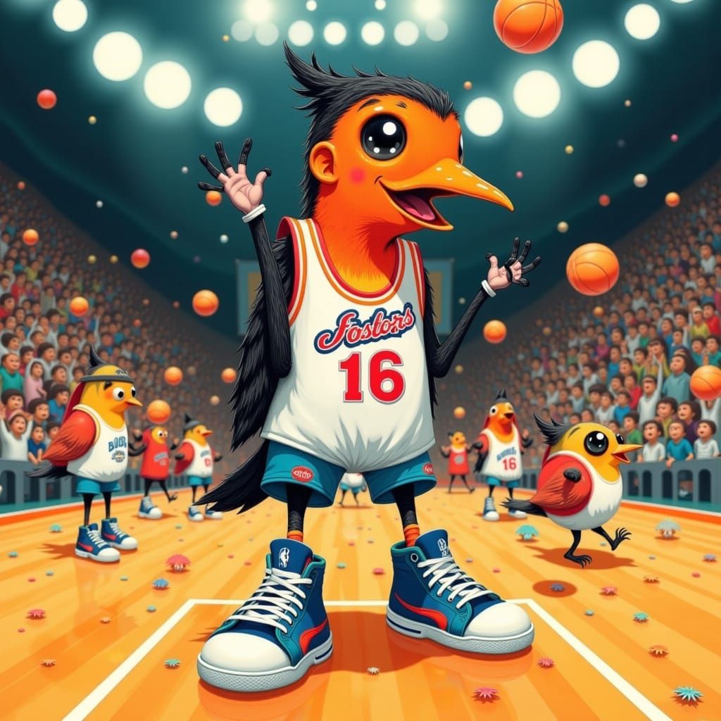 Robin Cheers Victory with Bird Friends, Whimsical Illustrati...