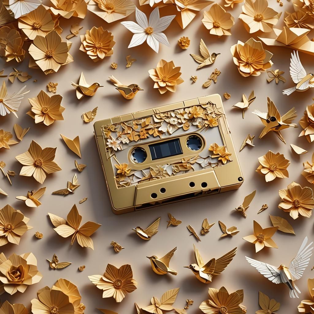 Golden Cassette Origami in Hyper-Realistic Digital Art