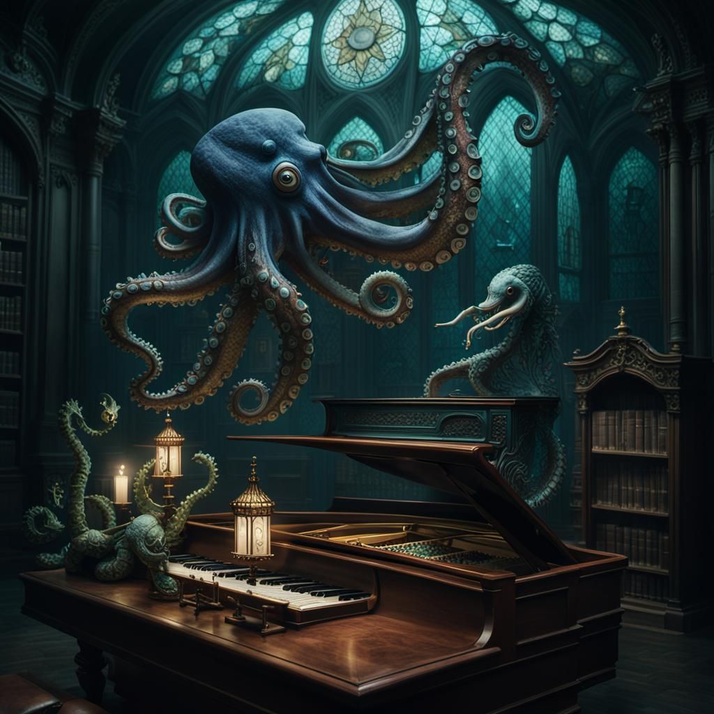 Dark Academia Octopus Seahorse Concert in Library