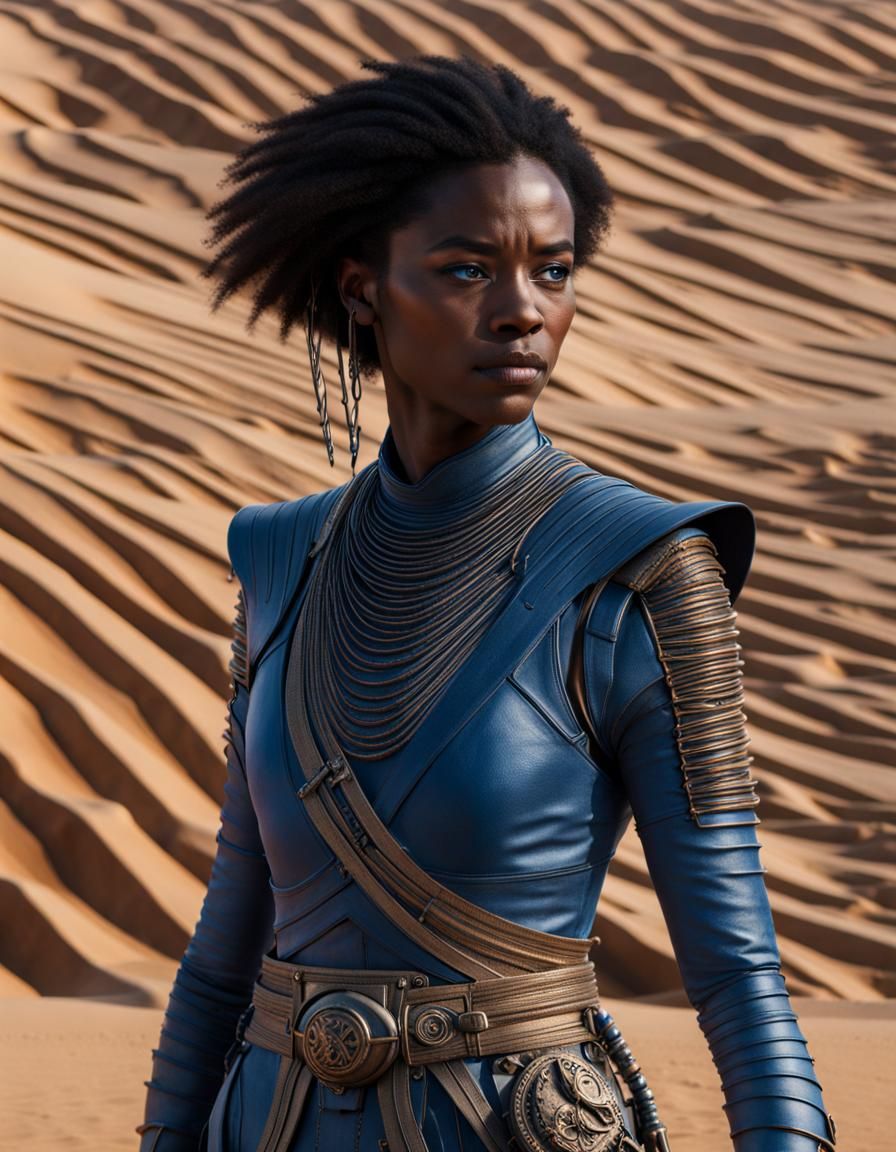 Dune fremen stillsuit hyperdetailed dark woman solid blue no...