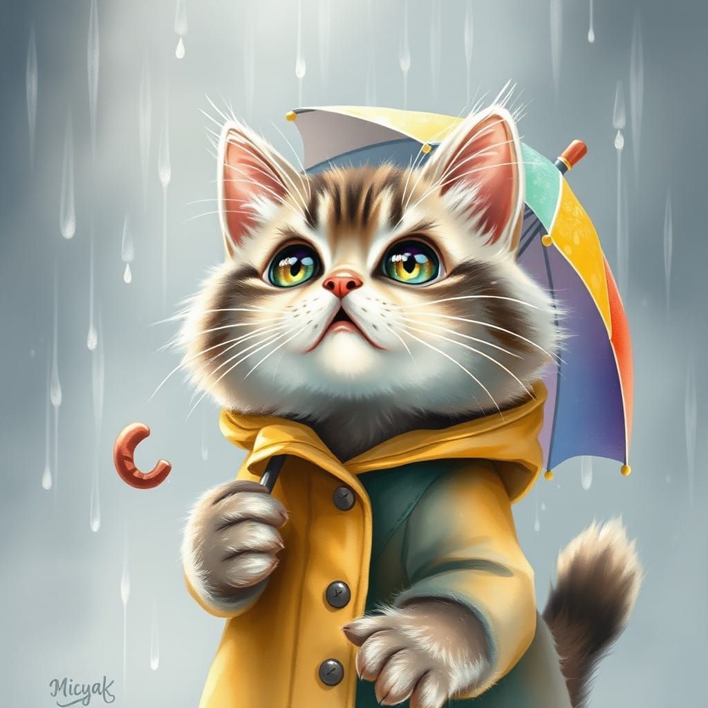 Whimsical Cat Under Rainy Umbrella