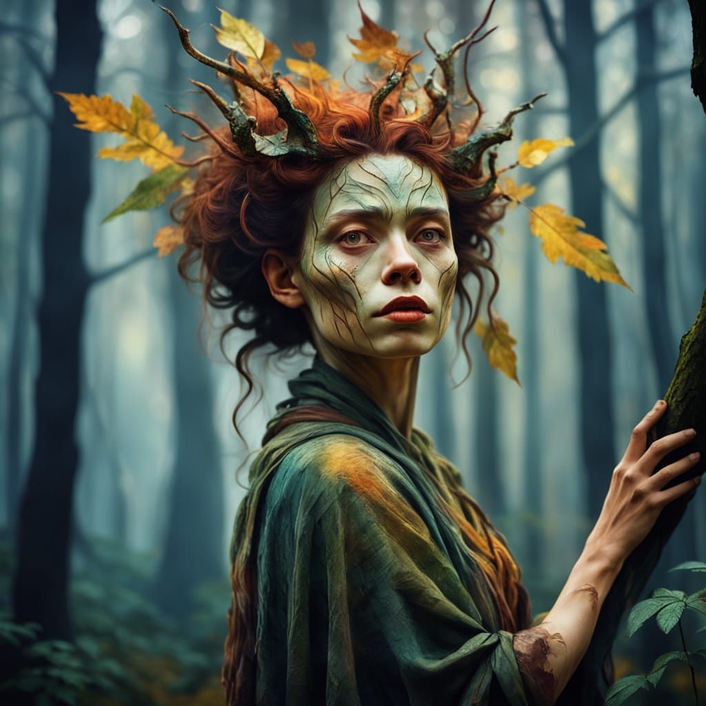 Mystical Forest Elemental Woman in Expressionist Style