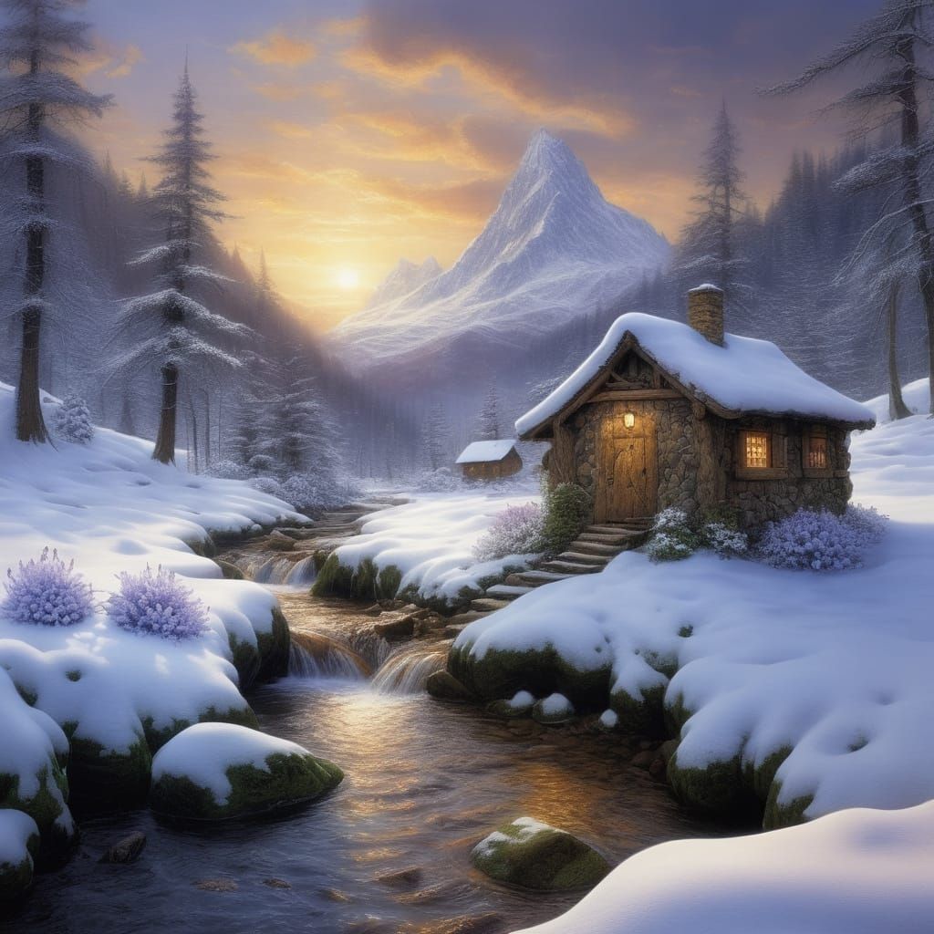 Serene Snowy Landscape with Delicate Flowers and Rustic Cabi...