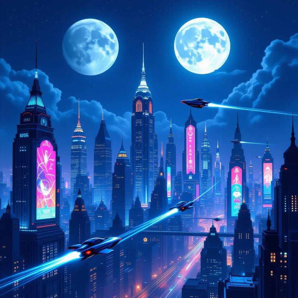 Retro-Futuristic Metropolis Under Double Moon