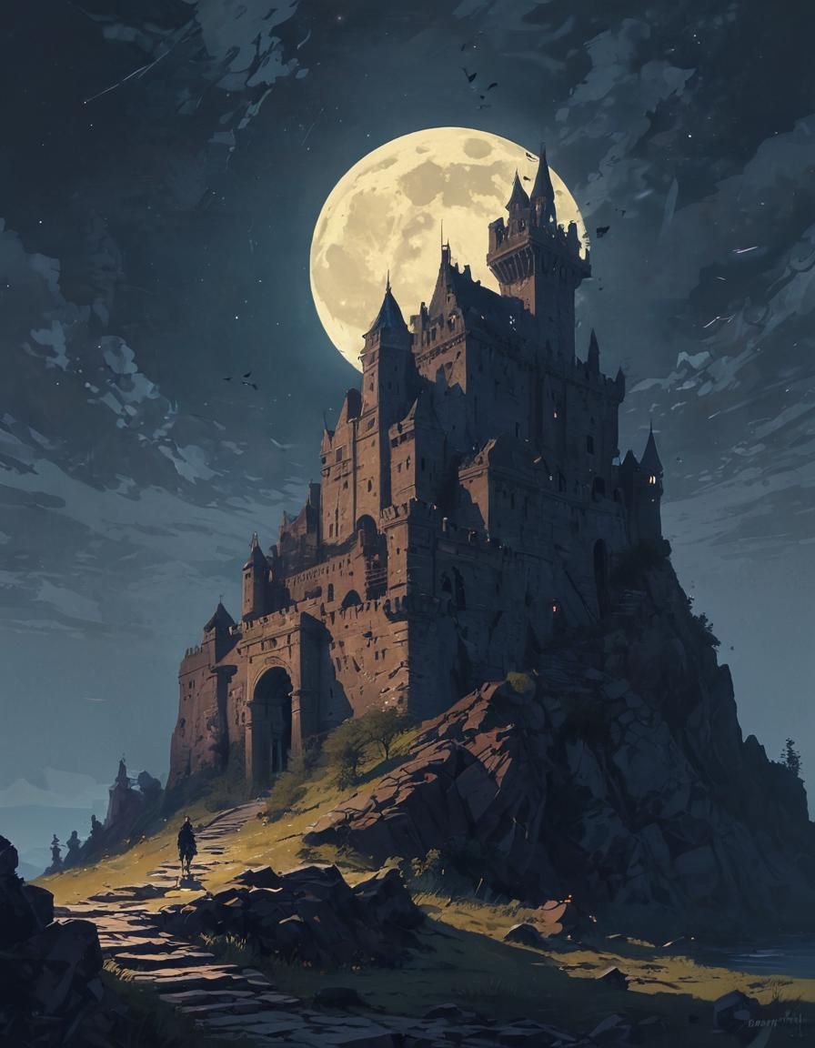 Moonlit Abandoned Castle Ruins in Dark Fantasy Style