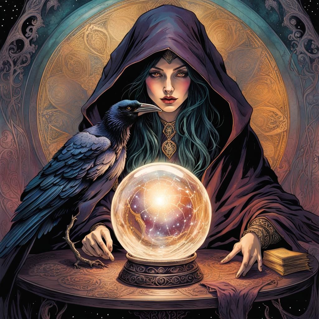 Mystical Tarot Witch Scrying with Raven Familiar