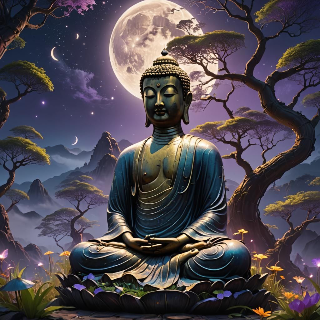 Luminous Buddha on Mountain Peak in Mythic Realism