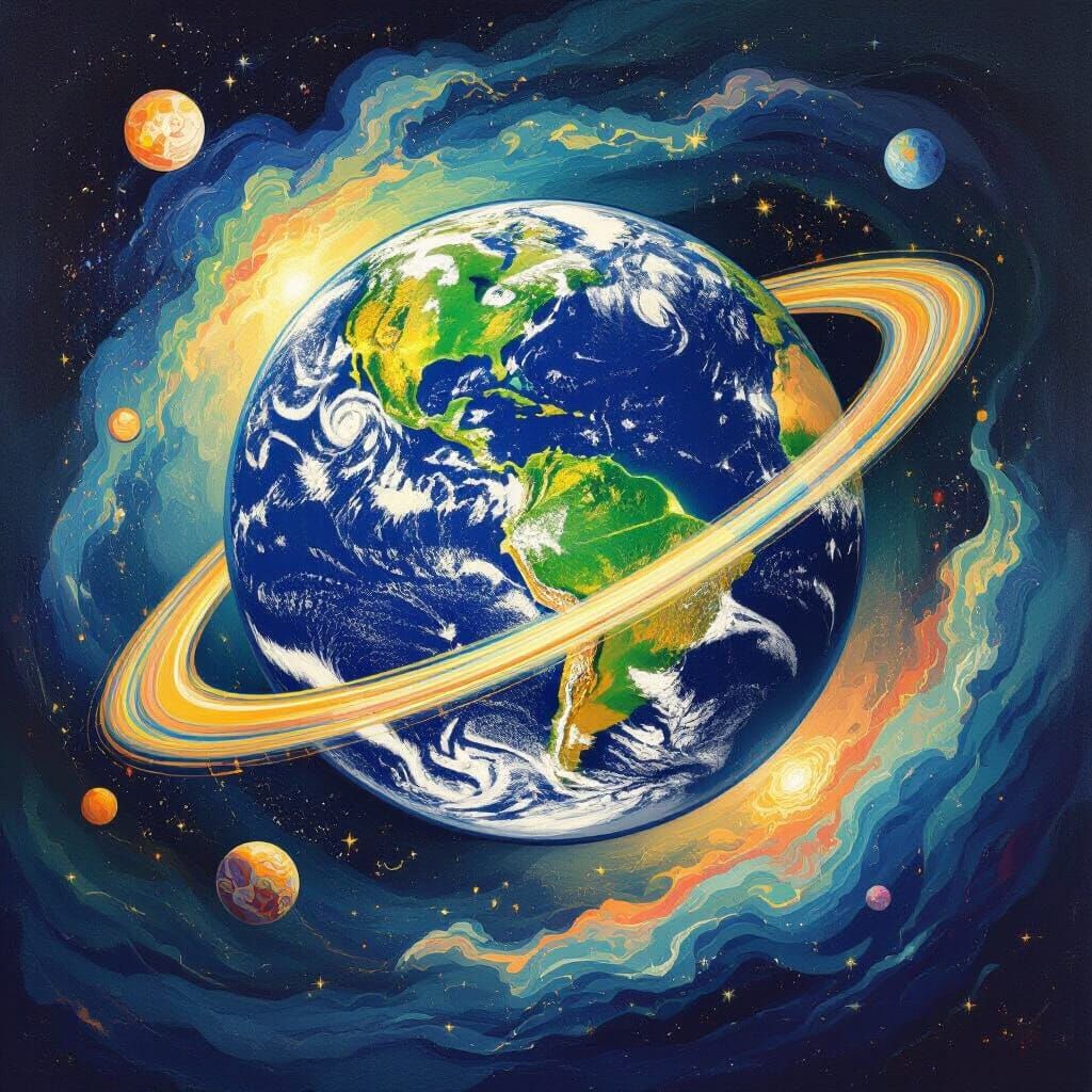 Dynamic Earth Rotation Illustration in Cosmic Art Style