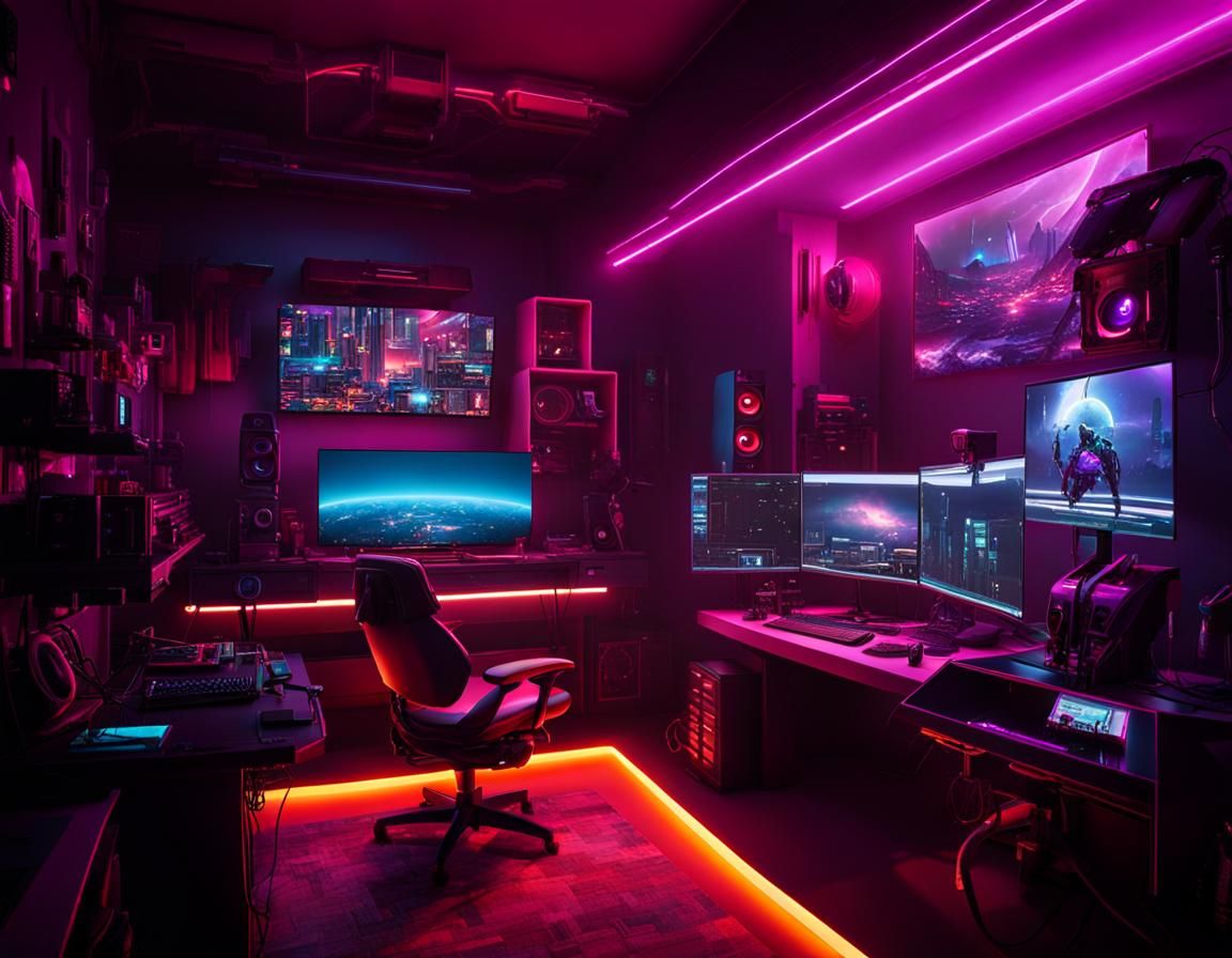 Cyberpunk Gaming Setup with VR Headset and Large Monitor