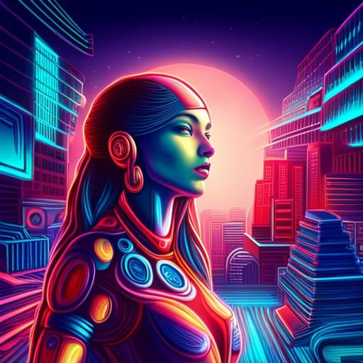Psychedelic Neon Robot Woman in Retrofuturism Style
