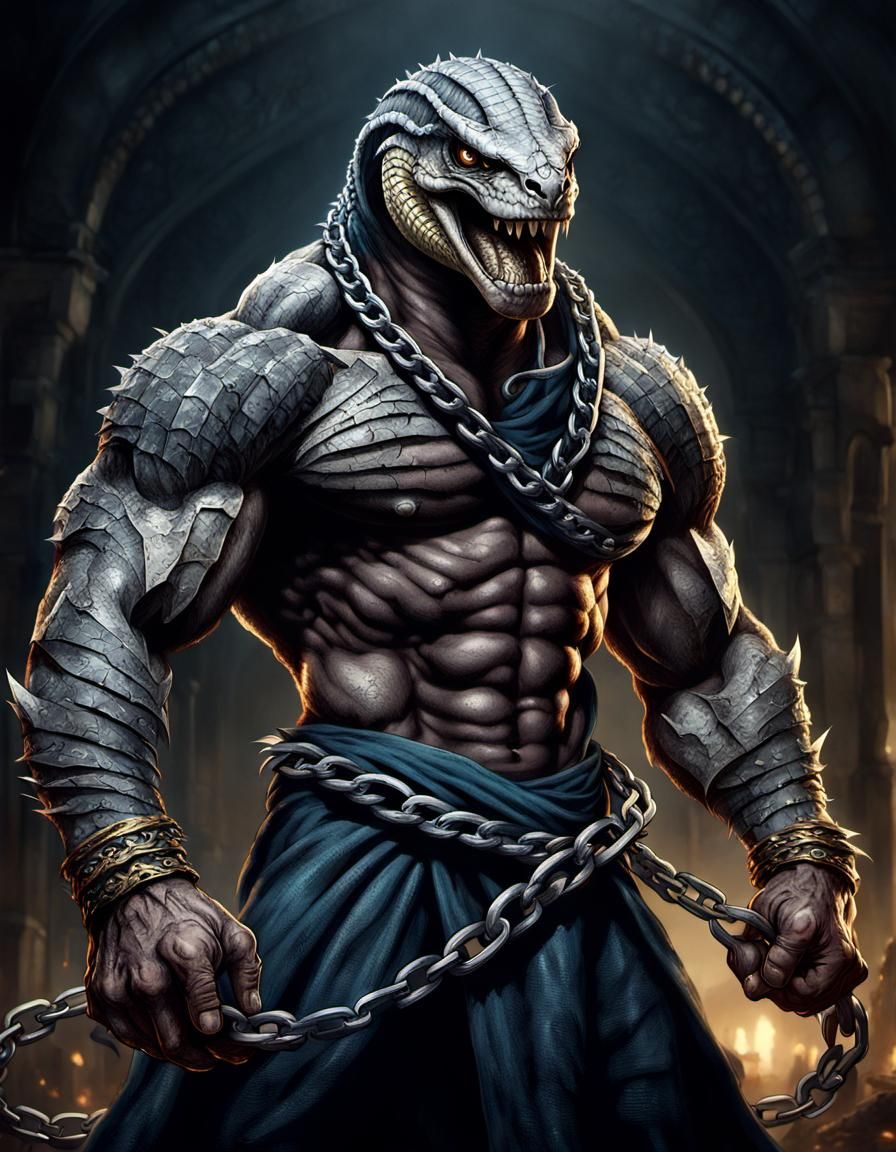 anthropomorphic king cobra man with massive muscular muscle ,8k resolution concept art with chains,spikes and huge claws