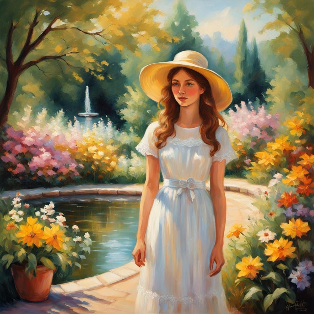 European Garden Scene in Soft Impressionist Style