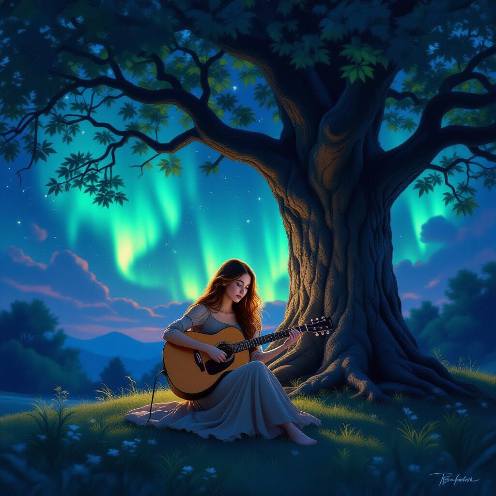 Woman Playing Guitar Under Aurora Borealis Sky