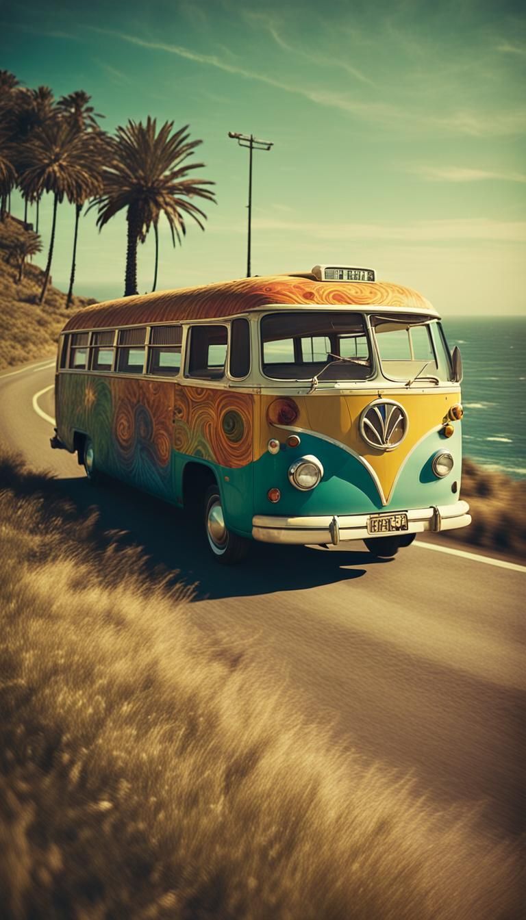 Hippie Bus Coastal Drive: Cinematic Film Still