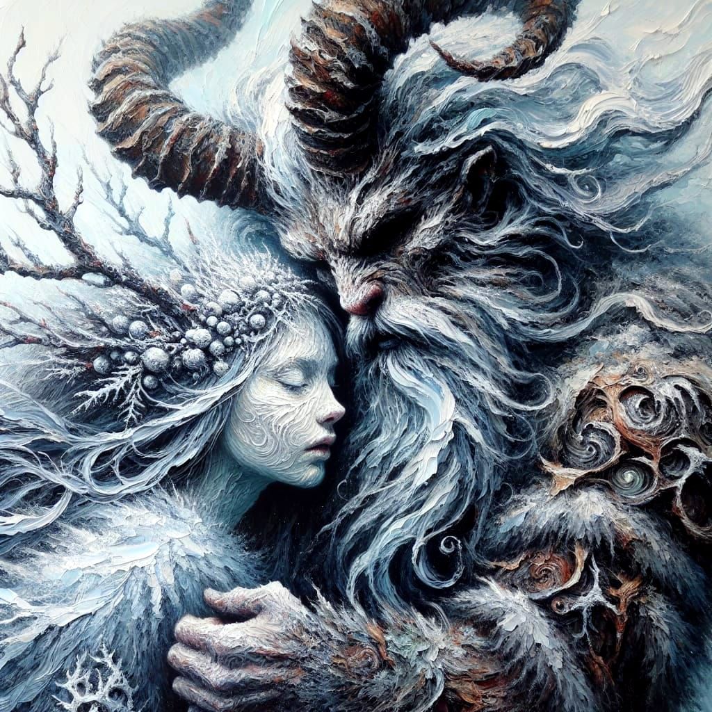Primal Forest God Embraces Ethereal Maiden in Intense Impast...