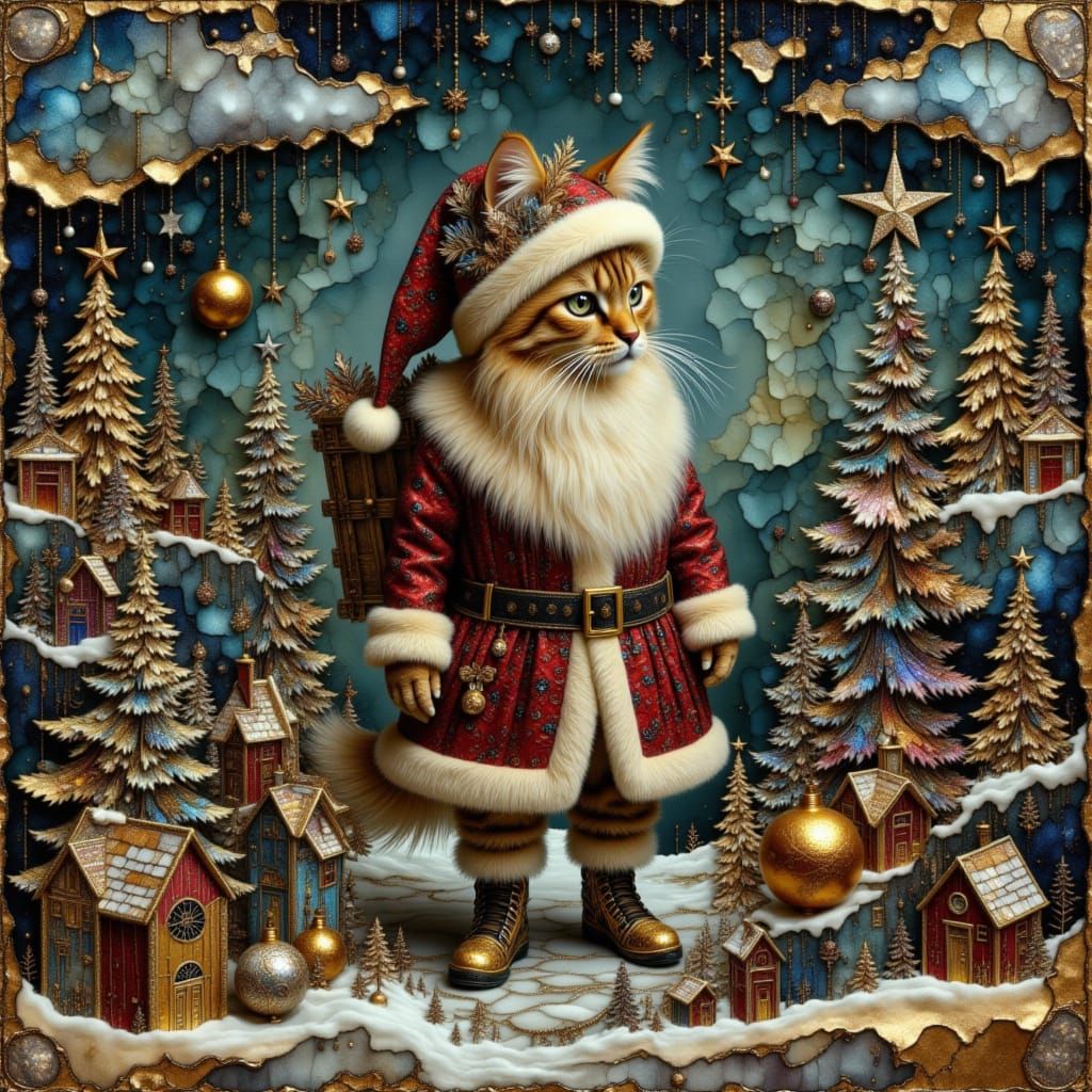Kawaii Santa Cat in Dark Fantasy Christmas Village