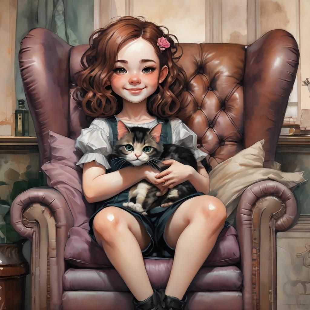 Chibi Girl Snuggles Cat, Craig Davison Style