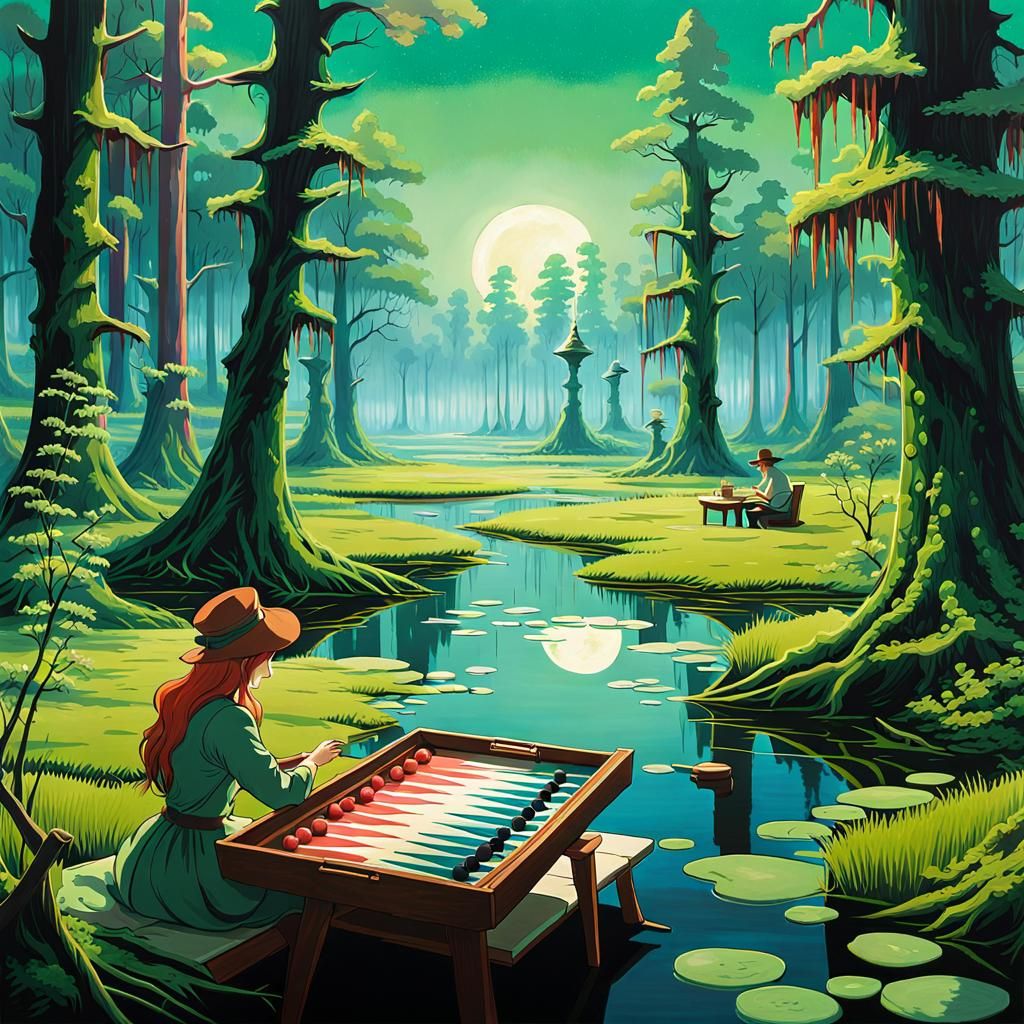 Okefenokee Swamp: Leprechaun Backgammon in Ghibli Gouache St...