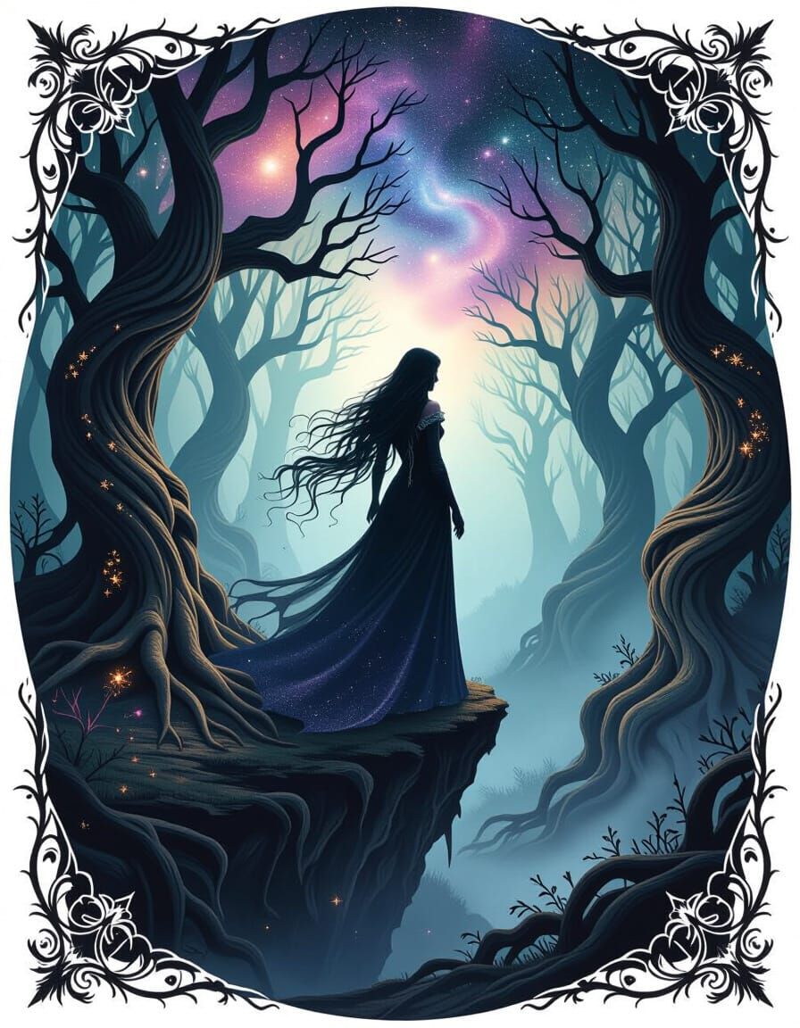 Ethereal Sorceress Dissolving Into Cosmic Stardust