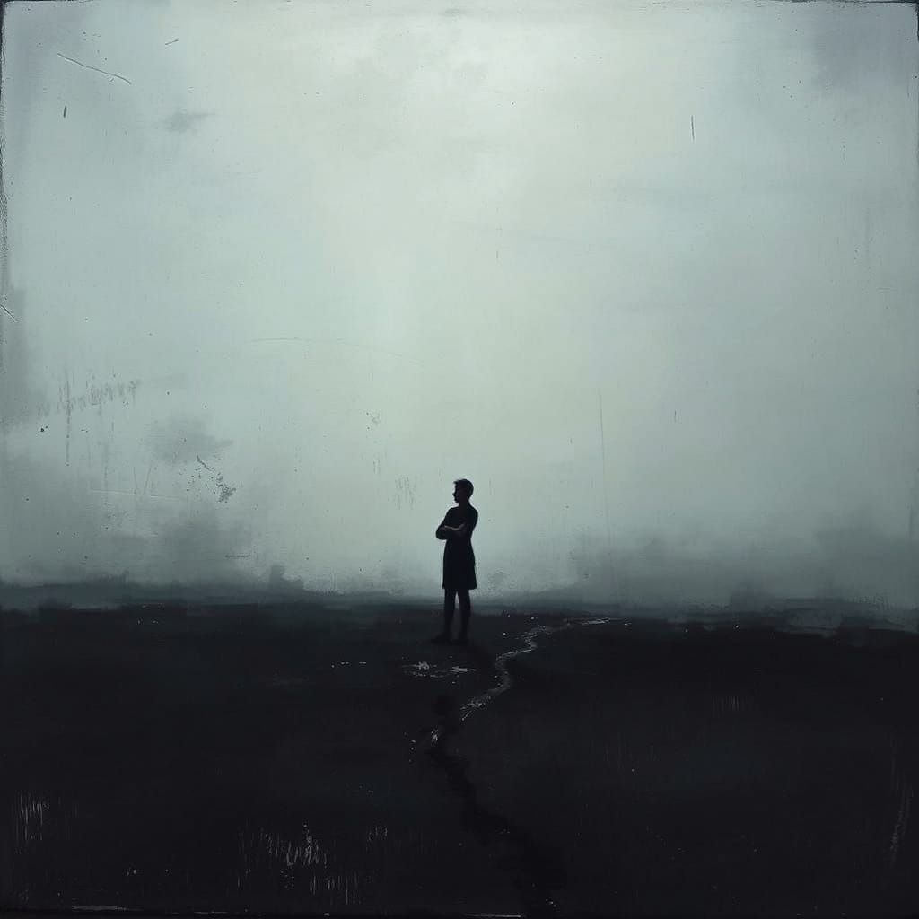 Contemplative Figure in Somber Abstract Expressionism