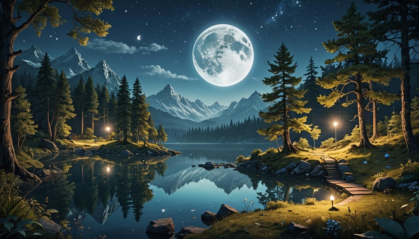 Magical Fairy Tale Forest Landscape with Glowing Lights